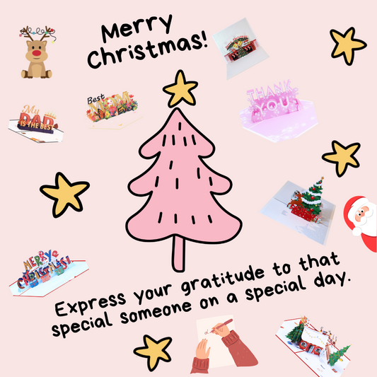 3D POP-UP card featuring Christmas and winter themes. Various designs, including a Christmas tree, Santa Claus, and winter cartoon characters, appear in a three-dimensional format when opened.