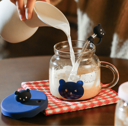 Lovely Teddy Bear Glass Cup with Lid&Straw(Cap)