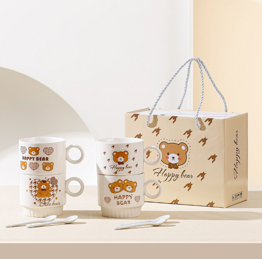 Lovely Teddy Bear Pottery Mug Set (2pcs) with Spoon and Lovely Gift Box for Coffee/Gift/Breakfast/Milk (270ml/10.48oz)