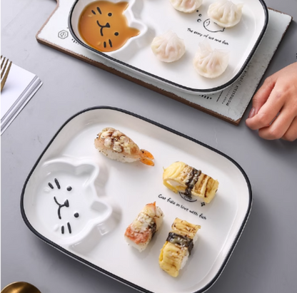 Adorable Kitten Plate for Fries Plate/Dumpling Plate/Sushi Plate, Separate Sauce Compartment Place