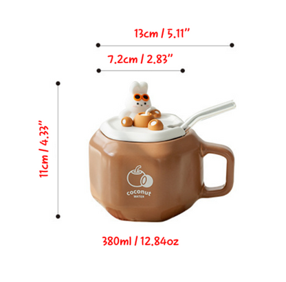 Coconut Pottery Mug with Bunny Lid and Straw for Coffee/Tea/Milk/Party/Easter Day(380ml/12.84oz)