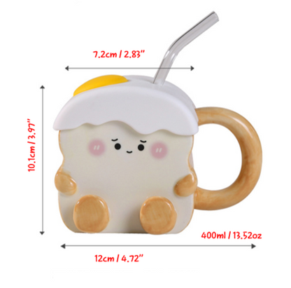 Baby Toast Mug with Fried Egg Lid&Straw for Coffee/Tea/Milk/Party (400ml/13.52oz)