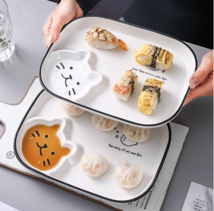 Adorable Kitten Plate for Fries Plate/Dumpling Plate/Sushi Plate, Separate Sauce Compartment Place