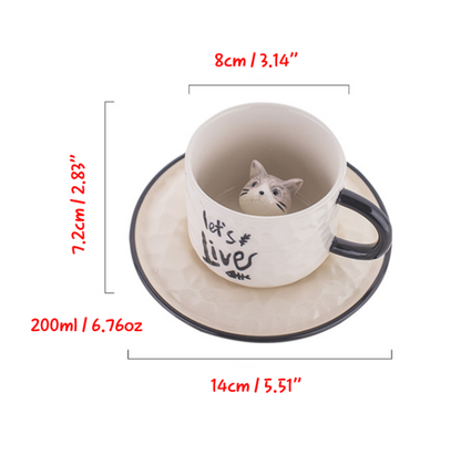 Cute 3D Kitten Mug with Coaster for Coffee/Tea/Milk/Party (200ml/6.76oz)