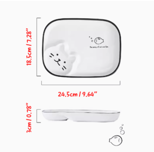 Adorable Kitten Plate for Fries Plate/Dumpling Plate/Sushi Plate, Separate Sauce Compartment Place