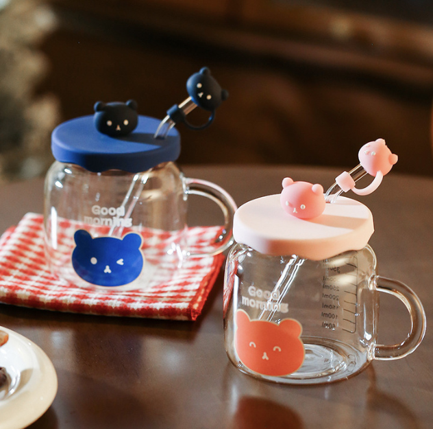 Lovely Teddy Bear Glass Cup with Lid&Straw(Cap)