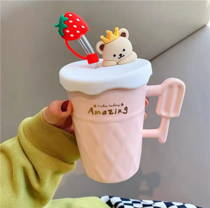 Adorable Prince Teddy Bear Ceramic Mug/Tumbler with LID&Fruit Straw (450ml/15.21oz)