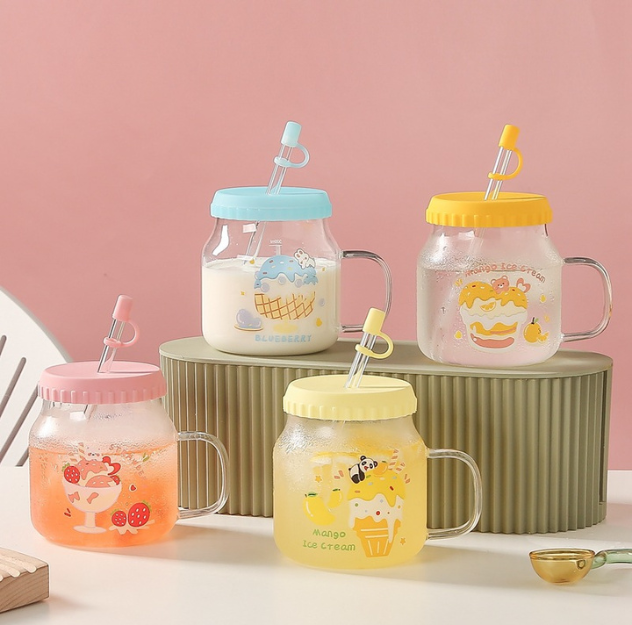 Adorable Fruit Glass Cups with Lid&Straw (650ml/21.97oz)