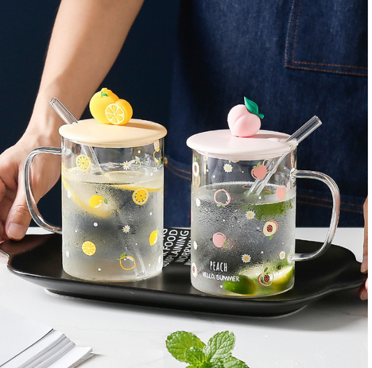 Cartoon fruit print glass cup with Lid/Straw for Coffee/Tea/Milk/Party 500ml/16.90oz