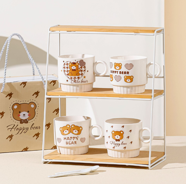 Lovely Teddy Bear Pottery Mug Set (2pcs) with Spoon and Lovely Gift Box for Coffee/Gift/Breakfast/Milk (270ml/10.48oz)