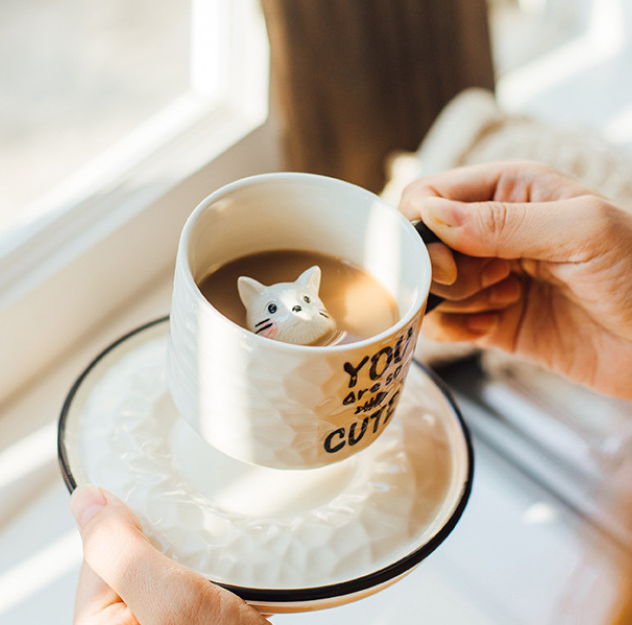 Cute 3D Kitten Mug with Coaster for Coffee/Tea/Milk/Party (200ml/6.76oz)