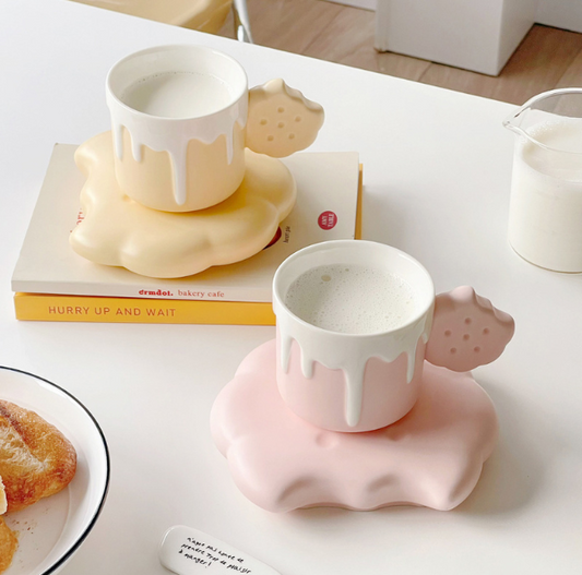 Cream Milk Cookie Handle Mug Cup with Cloud Cookie Coaster 240ml/8.11oz