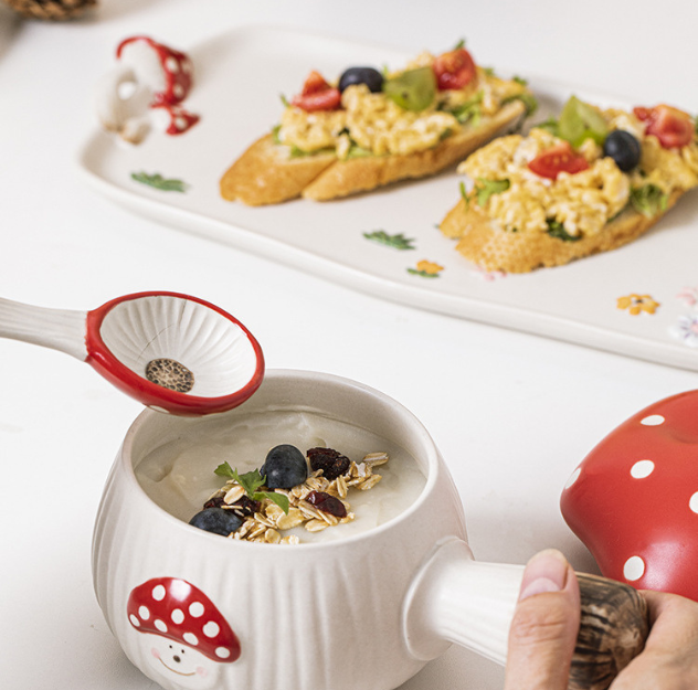 Cartoon Cute Red Mushroom Ceramic Single Handle Bowl SOUP POT/PLATE/SPOON 500ml/16.9oz