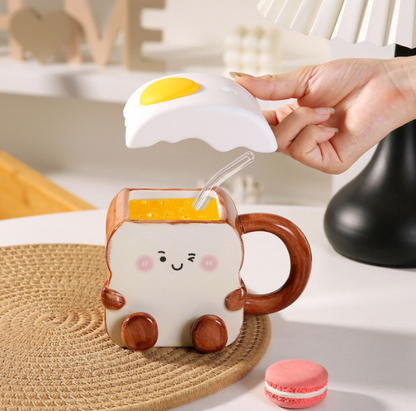 Baby Toast Mug with Fried Egg Lid&Straw for Coffee/Tea/Milk/Party (400ml/13.52oz)