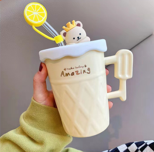 Adorable Prince Teddy Bear Ceramic Mug/Tumbler with LID&Fruit Straw (450ml/15.21oz)