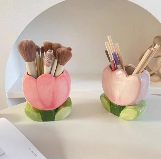 Ceramic Tulip Make up Brush Holder Flower Cosmetic Storage Box Pen&Pencil Holder/Desktop Organizers (Tulip-Pink)