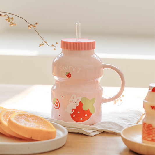 Pink Baby Bunny Strawberry Mug/Pottery with Straw for Coffee/Tea/Milk/Party (430ml / 14.54oz)