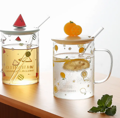 Cartoon fruit print glass cup with Lid/Straw for Coffee/Tea/Milk/Party 500ml/16.90oz