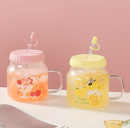 Adorable Fruit Glass Cups with Lid&Straw (650ml/21.97oz)