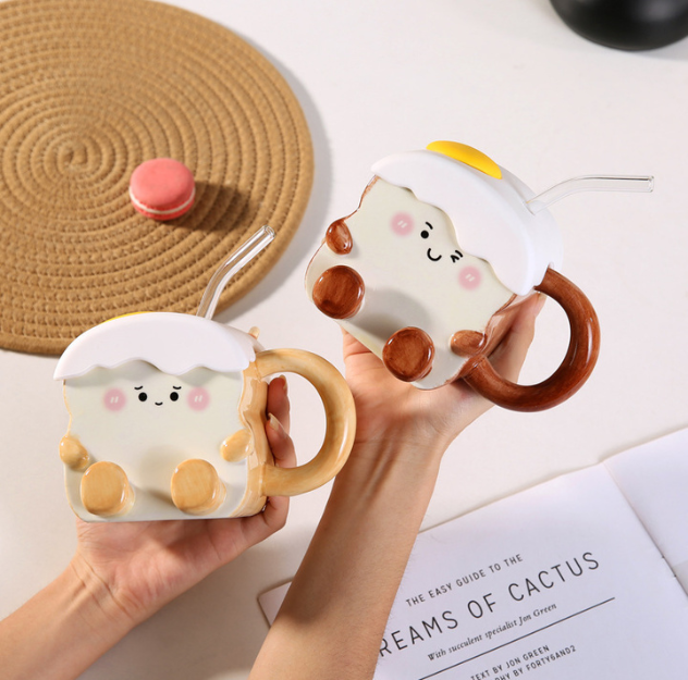 Baby Toast Mug with Fried Egg Lid&Straw for Coffee/Tea/Milk/Party (400ml/13.52oz)