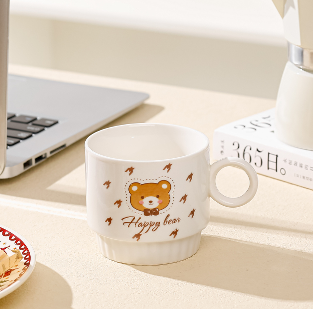 Lovely Teddy Bear Pottery Mug Set (2pcs) with Spoon and Lovely Gift Box for Coffee/Gift/Breakfast/Milk (270ml/10.48oz)