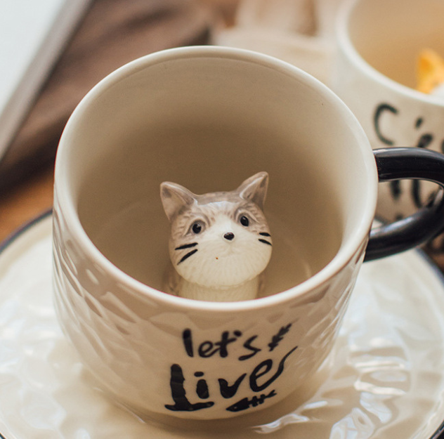 Cute 3D Kitten Mug with Coaster for Coffee/Tea/Milk/Party (200ml/6.76oz)