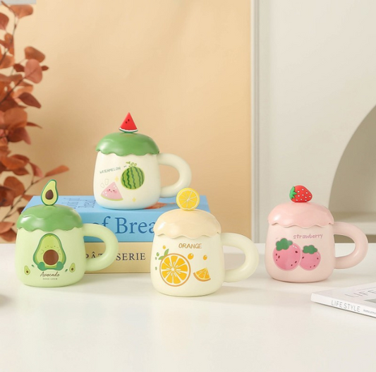 Lovely Cartoon Fruit Pottery Mugs with Fruit Lid (400ml/13.52oz)