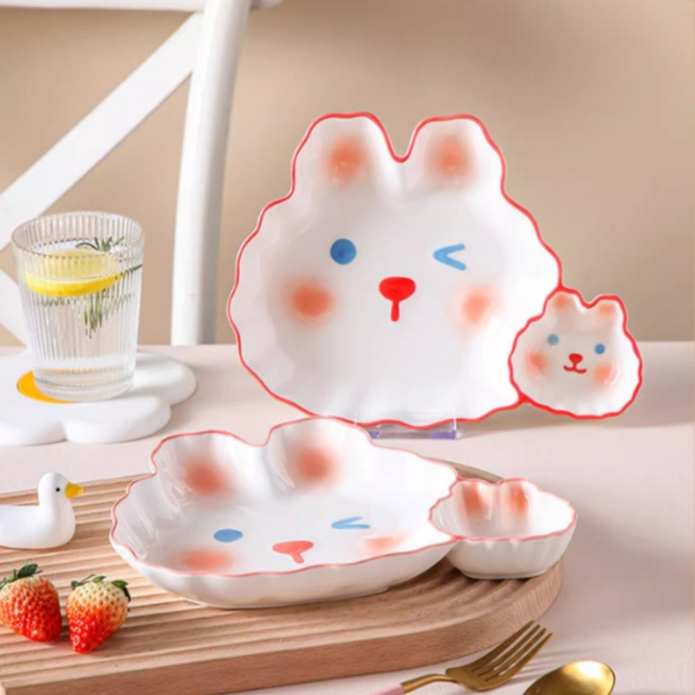 Adorable Baby Bunny Plate/Fries Plate/Dumpling Plate/Sushi Plate, Separate Sauce Compartment Place