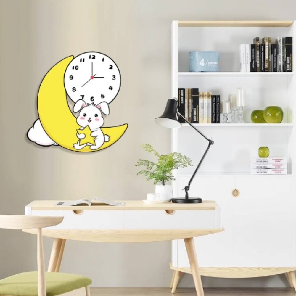 Baby Bunny Moon Clock/Novelty Clock/Funny Clock/Wall Clock/Non Ticking for Home Decor