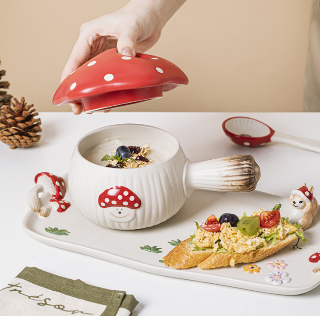 Cartoon Cute Red Mushroom Ceramic Single Handle Bowl SOUP POT/PLATE/SPOON 500ml/16.9oz