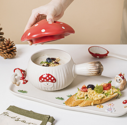 Cartoon Cute Red Mushroom Ceramic Single Handle Bowl SOUP POT/PLATE/SPOON 500ml/16.9oz