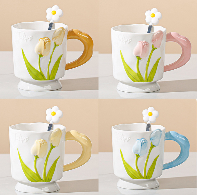 Beautiful Floral Mug and Spoon  for Coffee/Milk/Tea/Party 400ml/15.2oz