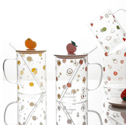 Cartoon fruit print glass cup with Lid/Straw for Coffee/Tea/Milk/Party 500ml/16.90oz