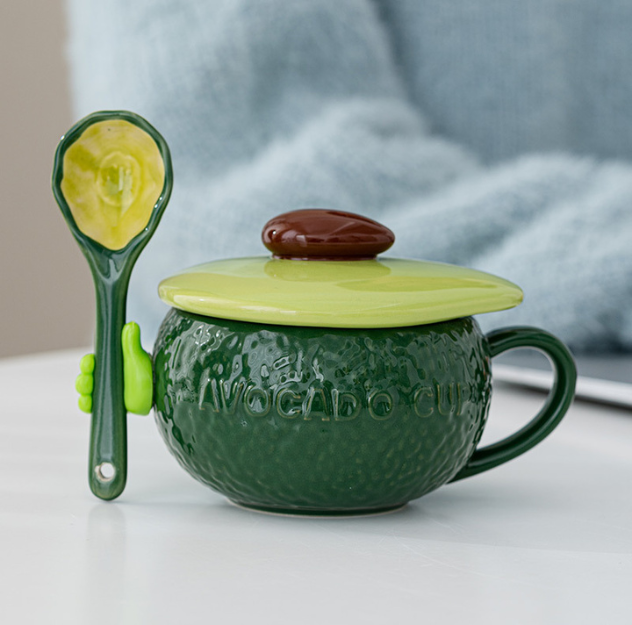 Pumpkin/Avocado Mug/Bowl with Lid&Spoon for Cereal/Soup/Congee (300ml/10.14oz)