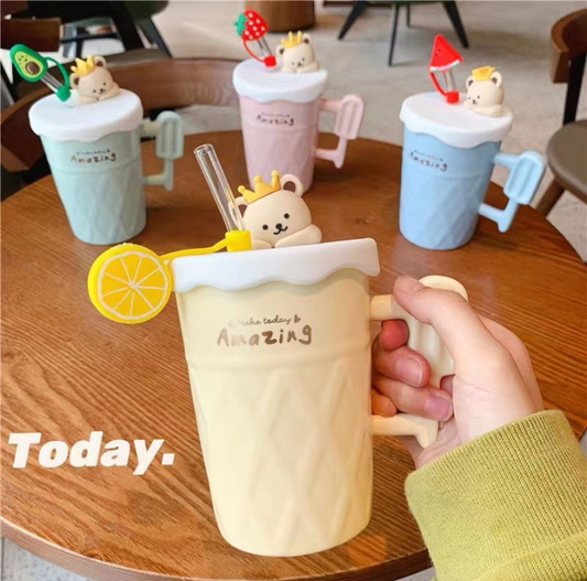 Adorable Prince Teddy Bear Ceramic Mug/Tumbler with LID&Fruit Straw (450ml/15.21oz)