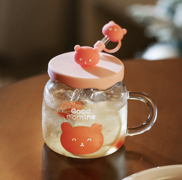 Lovely Teddy Bear Glass Cup with Lid&Straw(Cap)