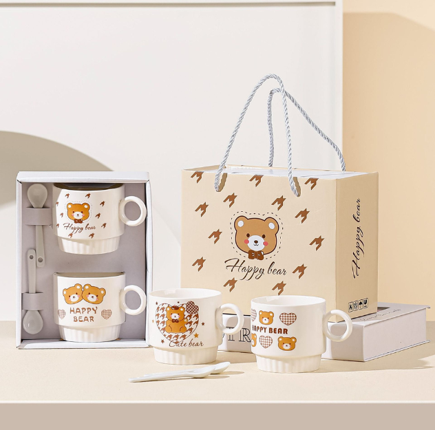 Lovely Teddy Bear Pottery Mug Set (2pcs) with Spoon and Lovely Gift Box for Coffee/Gift/Breakfast/Milk (270ml/10.48oz)