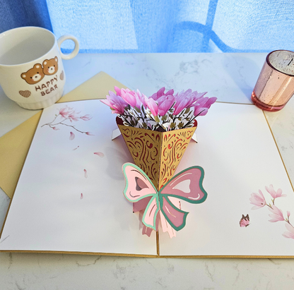 Pink Flower Bouquet 3D/Pop-up Cards for Birthday/Event/Gift/Mother's day