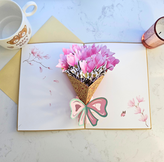 Pink Flower Bouquet 3D/Pop-up Cards for Birthday/Event/Gift/Mother's day