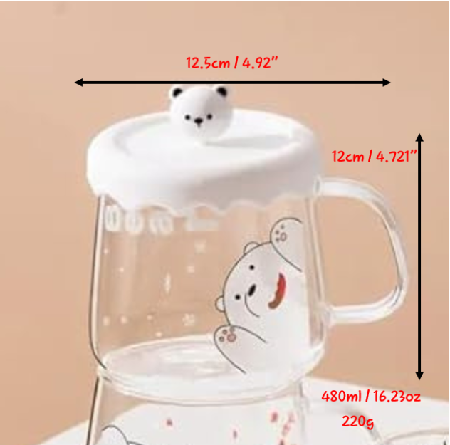 Adorable Baby Bear Glass Cup with Baby Bear Lid for Coffee/Tea/Milk/Party 480ml/16.23oz