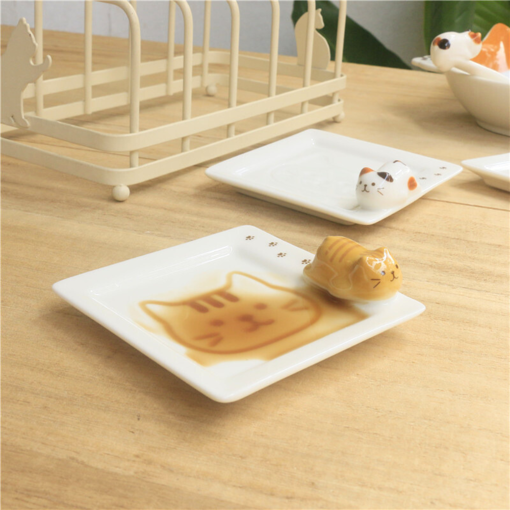 Cute Japanese Style 3D Kitten Sushi Plates, Sauce Plate, Sauce Bowl, Sushi Sauce Plates(9.5x9.5/3.74"x3.74")