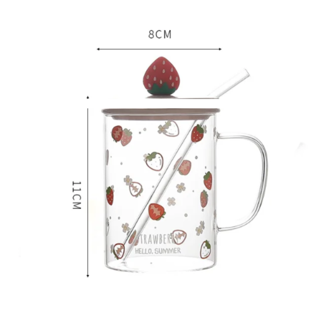 Cartoon fruit print glass cup with Lid/Straw for Coffee/Tea/Milk/Party 500ml/16.90oz