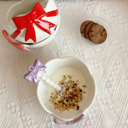 Lovely Ribbon Bowl with Spoon for Cereal/Soup/Stew/Rice/Noodle (500ml/16.90oz)