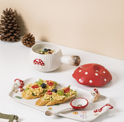 Cartoon Cute Red Mushroom Ceramic Single Handle Bowl SOUP POT/PLATE/SPOON 500ml/16.9oz