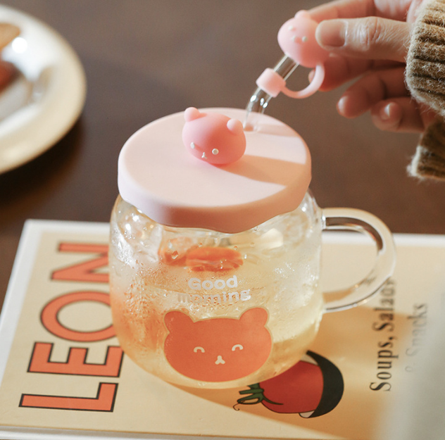 Lovely Teddy Bear Glass Cup with Lid&Straw(Cap)