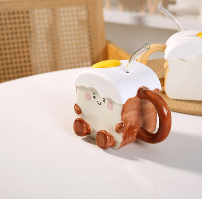 Baby Toast Mug with Fried Egg Lid&Straw for Coffee/Tea/Milk/Party (400ml/13.52oz)