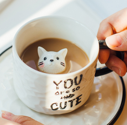 Cute 3D Kitten Mug with Coaster for Coffee/Tea/Milk/Party (200ml/6.76oz)