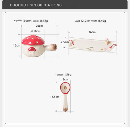 Cartoon Cute Red Mushroom Ceramic Single Handle Bowl SOUP POT/PLATE/SPOON 500ml/16.9oz