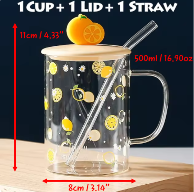 Cartoon fruit print glass cup with Lid/Straw for Coffee/Tea/Milk/Party 500ml/16.90oz