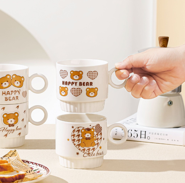 Lovely Teddy Bear Pottery Mug Set (2pcs) with Spoon and Lovely Gift Box for Coffee/Gift/Breakfast/Milk (270ml/10.48oz)